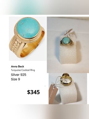 Anna Beck Cocktail Ring in Gold with Turquoise Stone. Not Orig Pack. #009